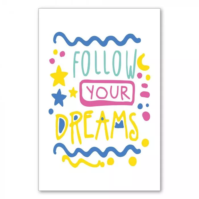 "Follow your dreams" - Handschrift mit Sternen, Mond & Wellen.