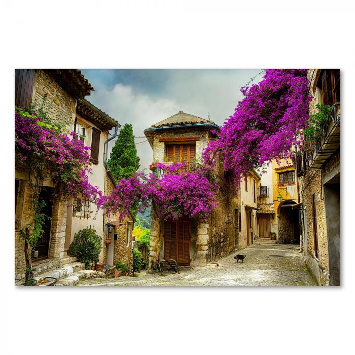 Eine enge Gasse in einem französischen Dorf mit alten Steinhäusern und blühenden Bougainvillea-Pflanzen.