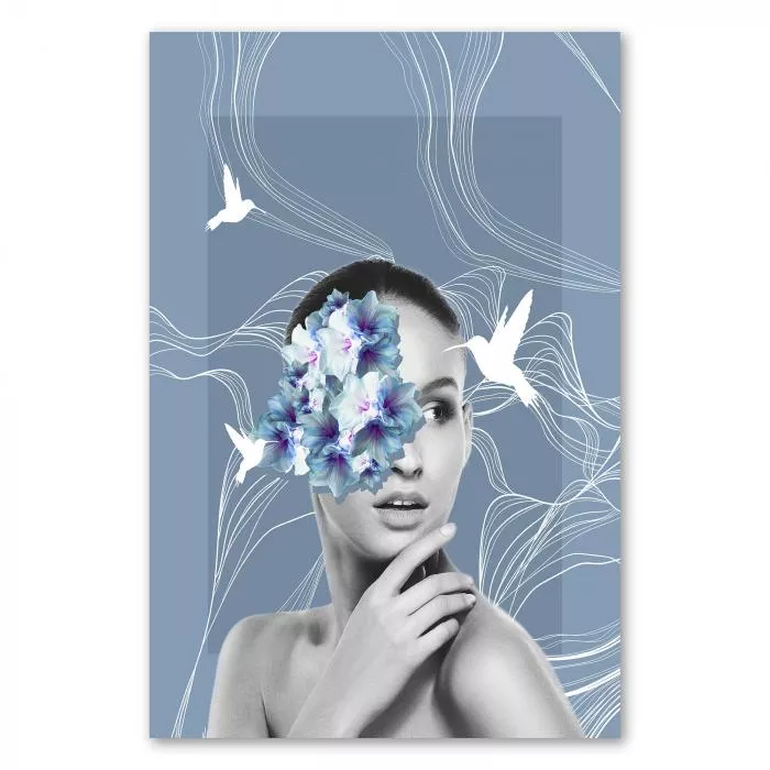 Frau, Auge mit Collage aus blauen Blumen & Vögeln, abstrakte Linien.