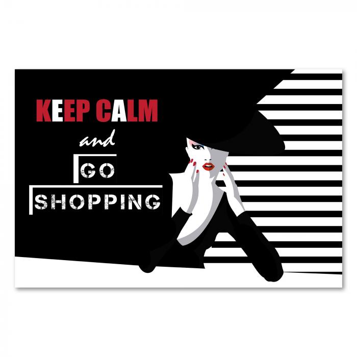 "Keep Calm and Go Shopping" - dieses stylishe Poster mit Frau und Hut lädt zum Shoppen ein!