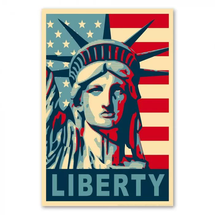 Retro-Poster zeigt die Freiheitsstatue vor der amerikanischen Flagge, Symbol für Freiheit und Demokratie.