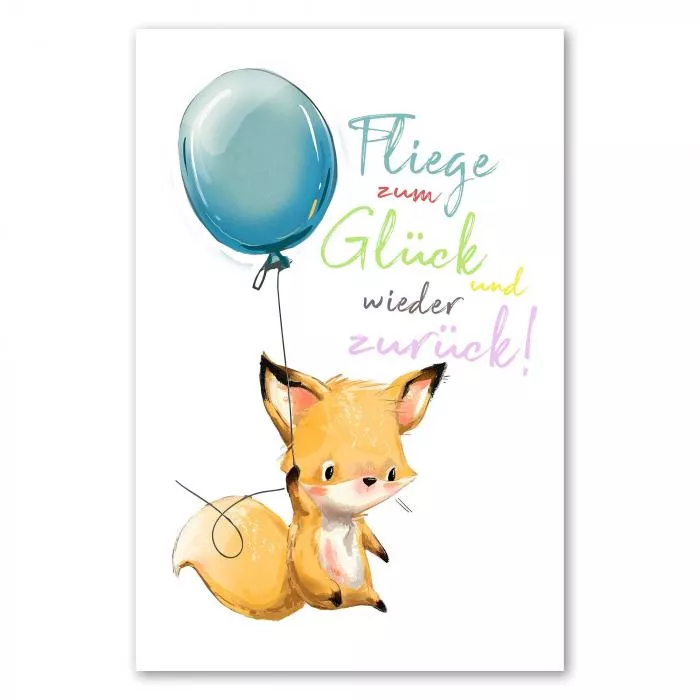 Fuchs mit blauem Ballon, Schriftzug 