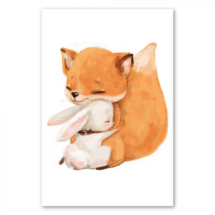 Fuchs & Hase kuscheln, symbolisieren Freundschaft & Zuneigung.