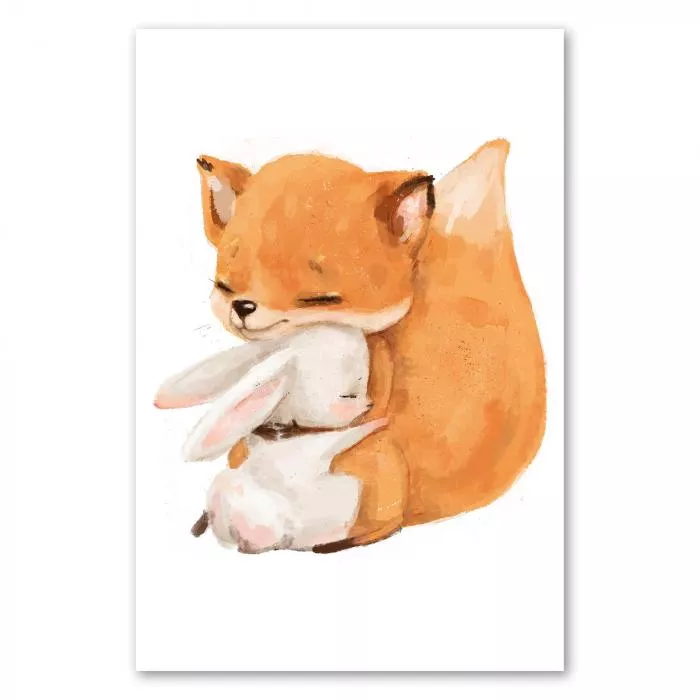 Fuchs & Hase kuscheln, symbolisieren Freundschaft & Zuneigung.