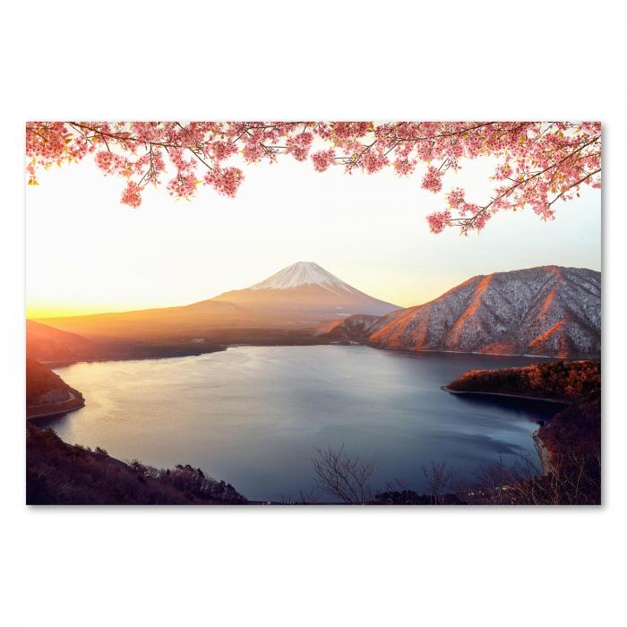 Berg Fuji spiegelt sich im See, Sonnenaufgang, Kirschblüten.