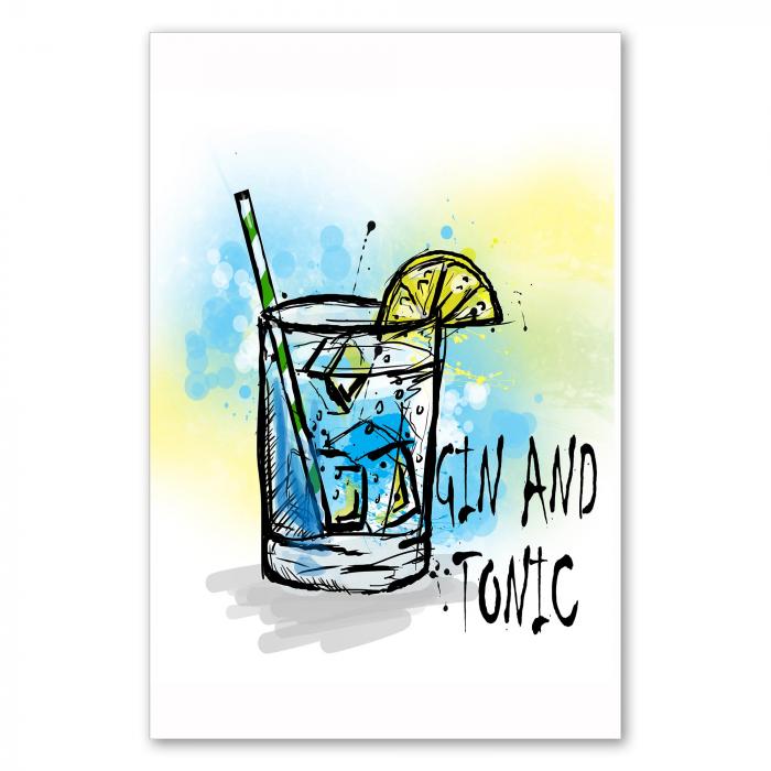 Illustration eines Gin Tonic Glases mit Eiswürfeln, Limette & Strohhalm vor blauen & gelben Klecksen.