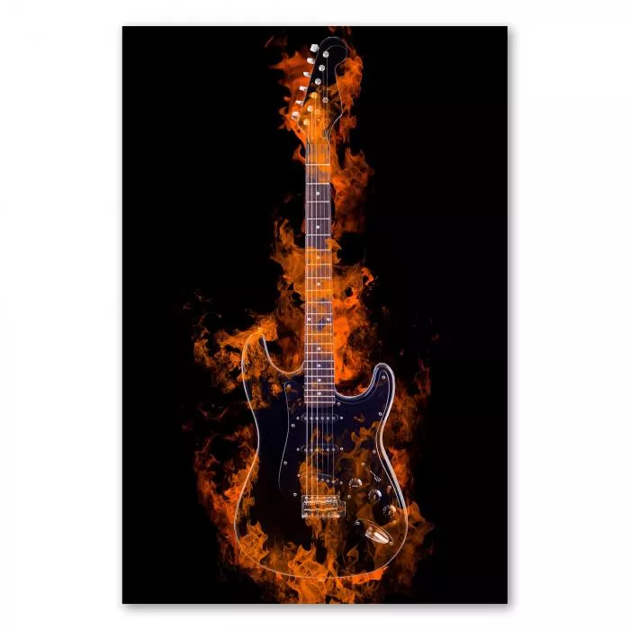 Schwarze E-Gitarre, lodernde Flammen, Energie & Leidenschaft für Musik.