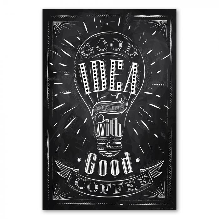 Typografie Poster im Kreidestil mit der Aufschrift "Good Idea Begins with a Good Coffee" auf schwarzem Hintergrund.