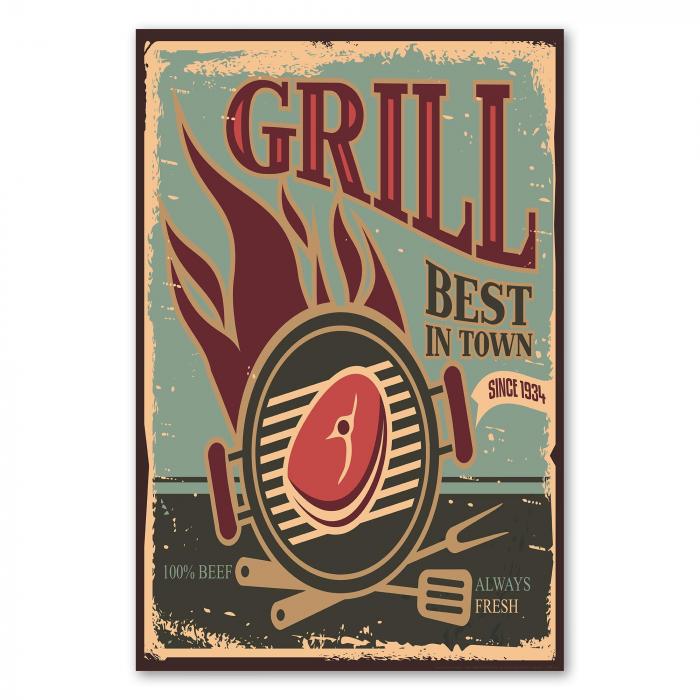 Verlockendes Retro-Poster mit Steak auf dem Grill: bester Grillgenuss, 100% Rindfleisch.