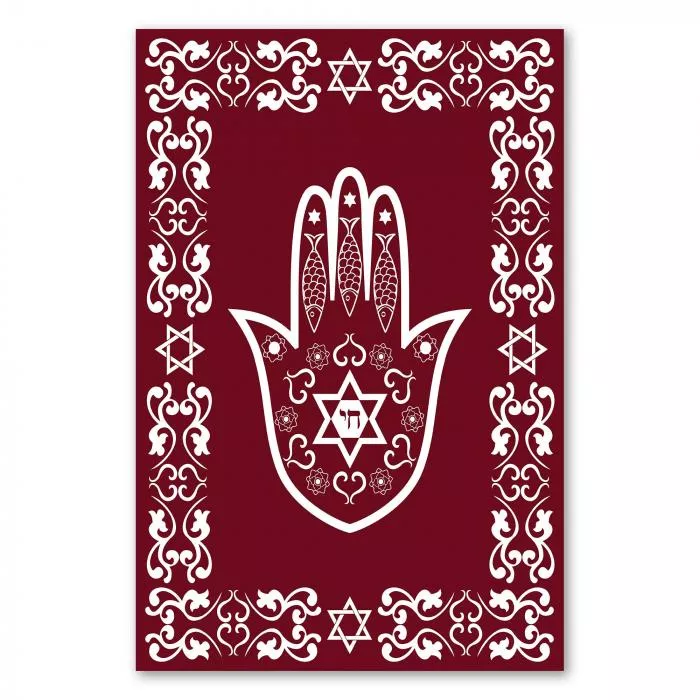 Die Hamsa-Hand mit Davidsternen, Fischen und Ornamenten – ein Symbol für Glück und Schutz im jüdischen Glauben.