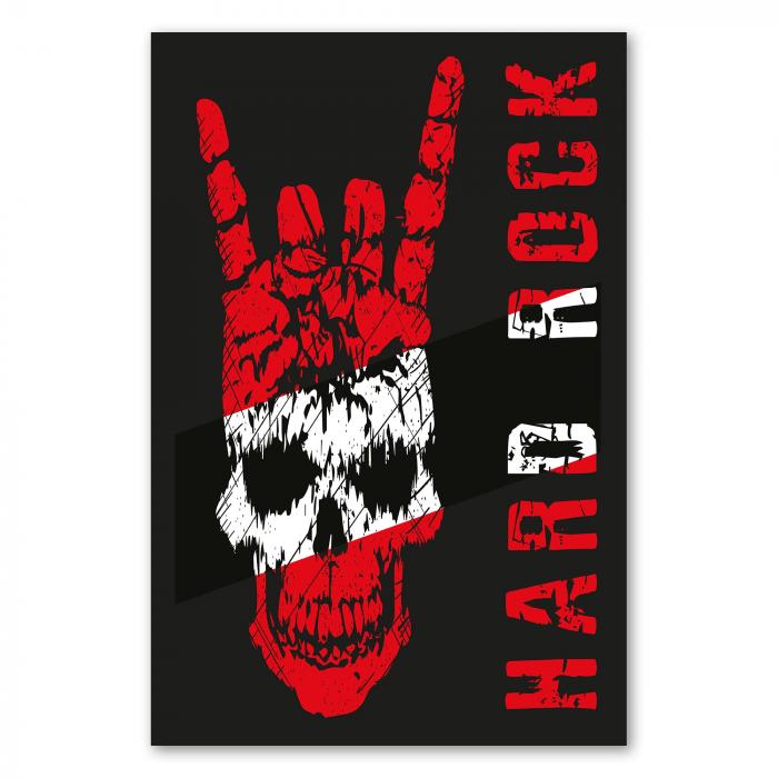 Roter Totenkopf mit weißer Gesichtshälfte & Hardrock-Handzeichen - rockig.