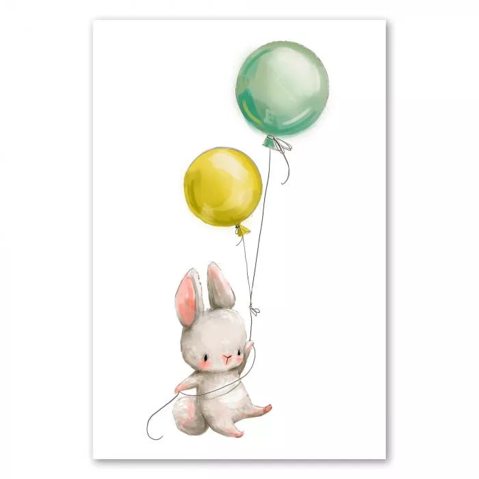 Hase, zwei bunte Ballons, schwebt in Lüfte - Freude & Abenteuerlust.