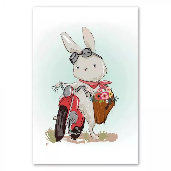 Hase, Fliegerbrille, Halstuch, rotes Motorrad, Blumenkorb - cool.