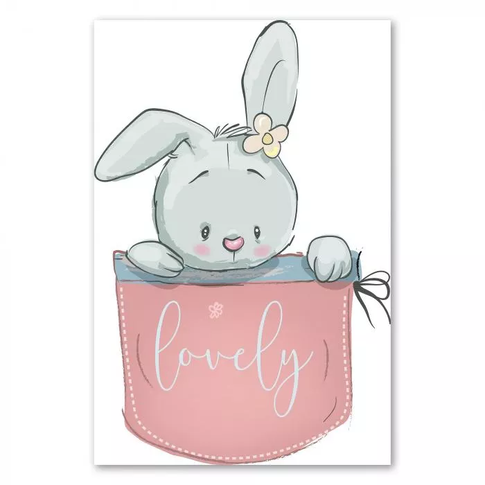 Hase mit Blume im Fell, rosa Tasche, Schriftzug 