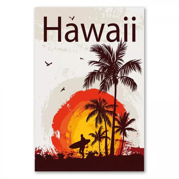 Retro-Poster für Hawaii mit Palmen und Surfern, vermittelt die entspannte Atmosphäre eines Traumziels.