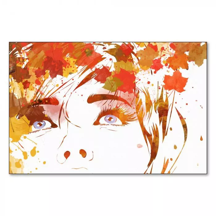 Abstrakte Illustration einer Frau mit blauen Augen, umgeben von buntem Herbstlaub. Perfekt für die Herbstzeit.