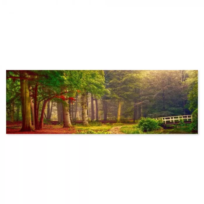 Idyllic Weg schlängelt sich durch herbstlichen Wald, führt zu Brücke über Bach mit leuchtenden Farben.