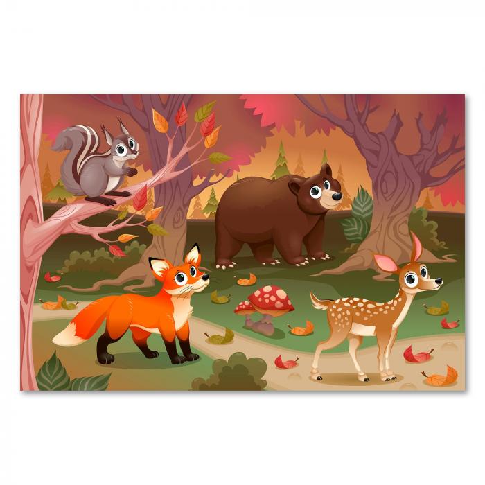 Fuchs, Reh, Bär und Eichhörnchen im herbstlichen Wald – ein Motiv voller Harmonie.