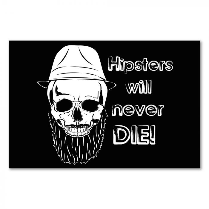 Totenkopf, Hipster-Bart & Hut, Spruch "Hipsters will never die" - humorvoll.