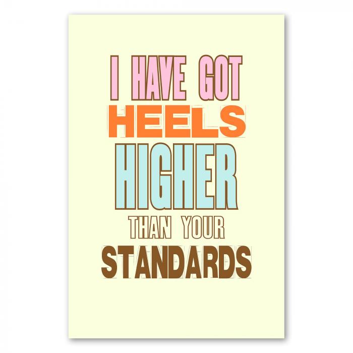 "I have got heels higher than your standards" - ein humorvolles Statement für selbstbewusste Frauen.