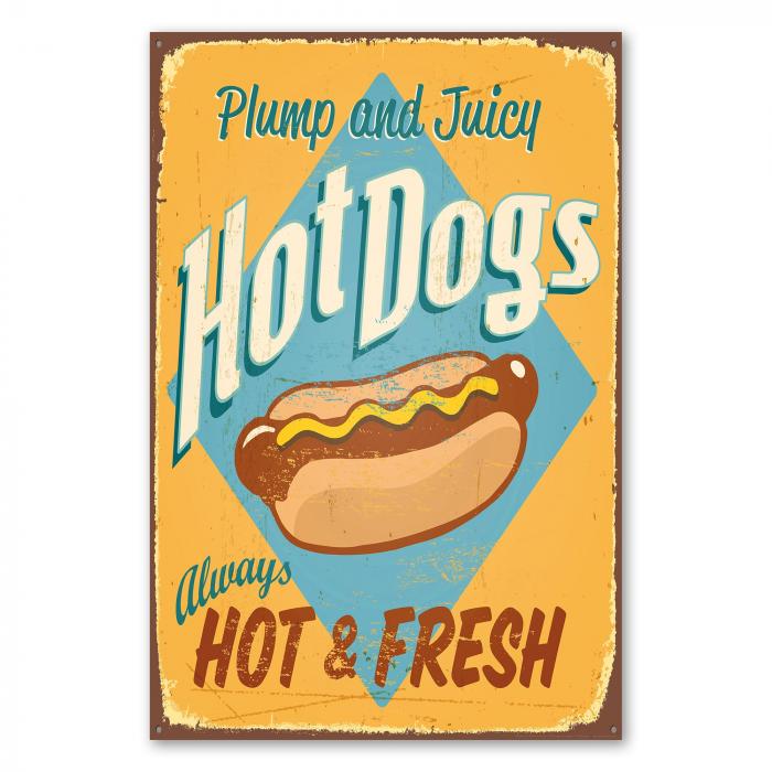 Retro-Schild für ein saftigen Hot Dog, ideal für Imbissbuden, Restaurants und Food-Blogs.