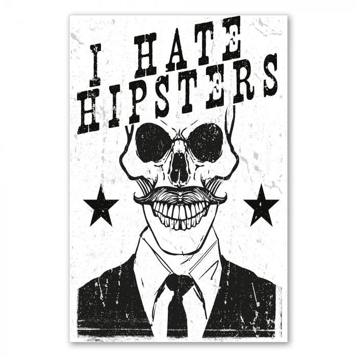 Skelett mit Hipster-Bart & Anzug, Schriftzug "I Hate Hipsters" - rebellisches Design.