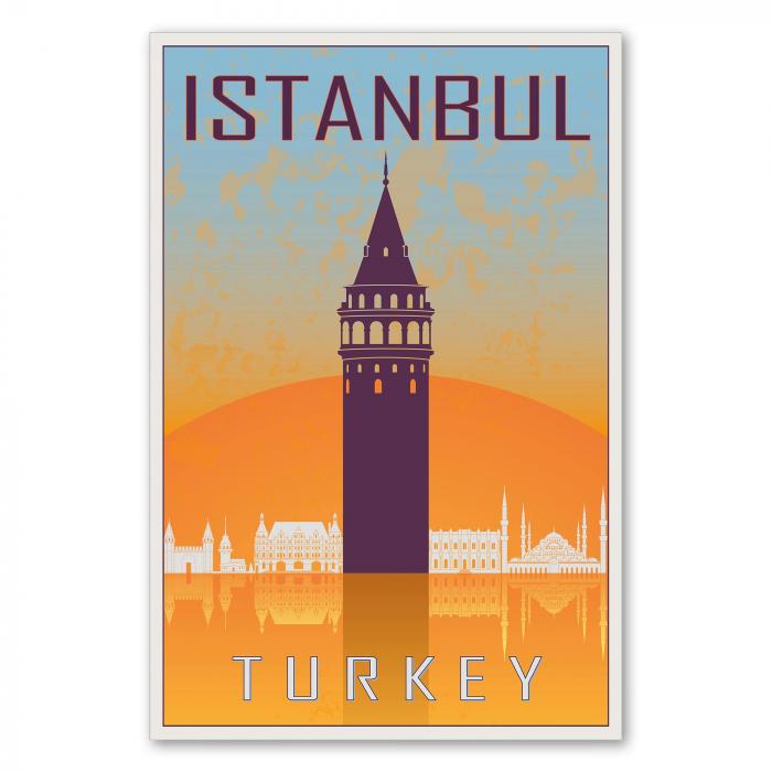 Der Galata-Turm und weitere Wahrzeichen spiegeln sich im Wasser - ein Retro-Reiseposter von Istanbul.