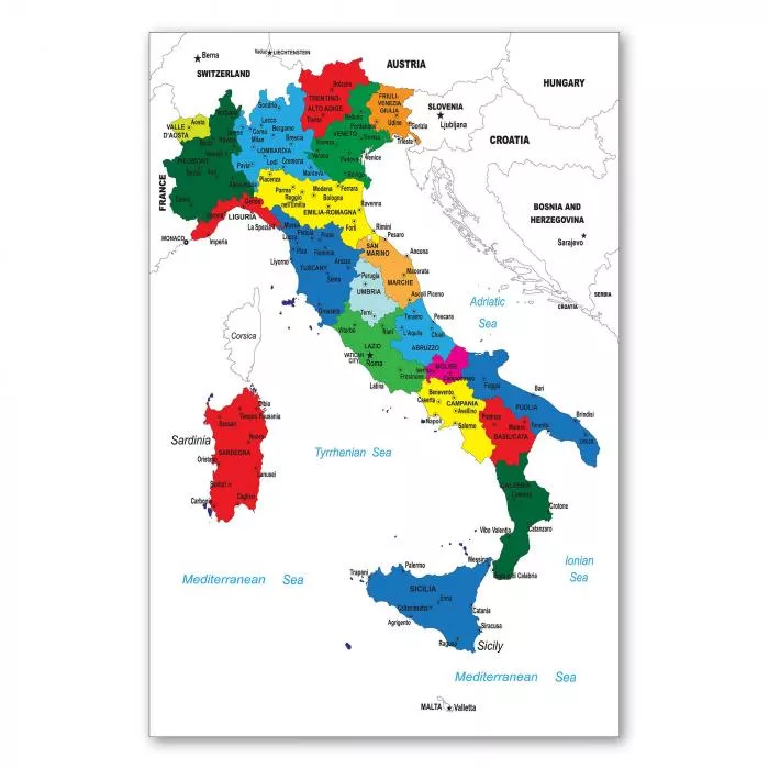 Eine bunte Karte von Italien zeigt die Regionen, Städte und Inseln des Landes.