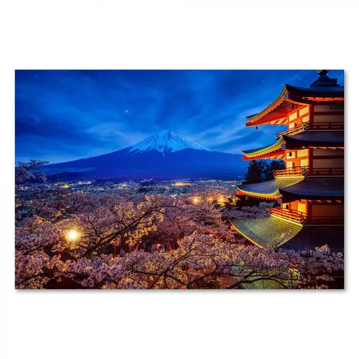 Japanischer Tempel, Nacht, Fuji im Hintergrund, Sternenhimmel - spirituell & schön.