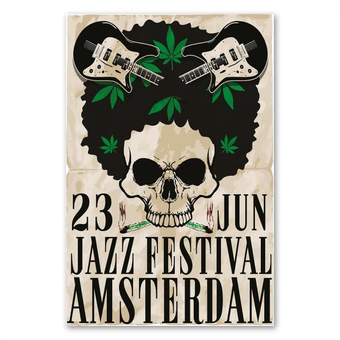 Totenkopf, Gitarren, Cannabisblätter - Bild für ein Jazz Festival in Amsterdam.