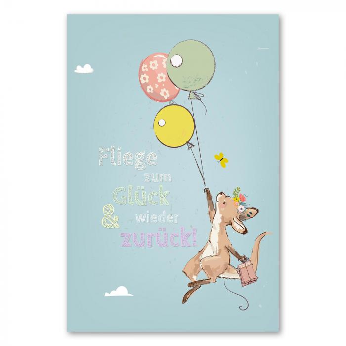 Känguru mit Ballons & Geschenk, "Fliege zum Glück" - gute Laune & Optimismus.