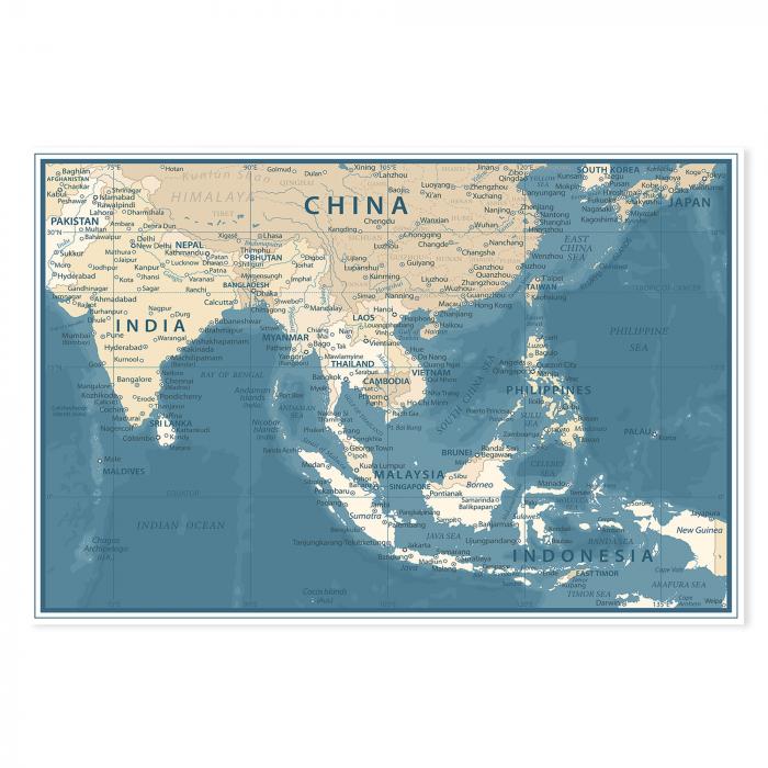 Detaillierte Karte von Asien: Ländergrenzen, Städte, Gewässer, Farben & Schattierungen.