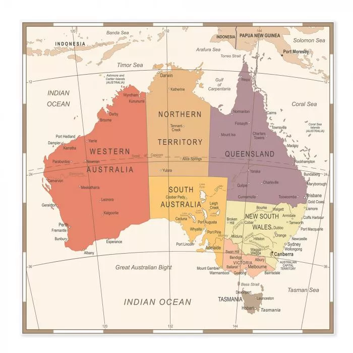 Karte Australiens: Bundesstaaten, Städte, Gewässer - Farbtöne & Details.