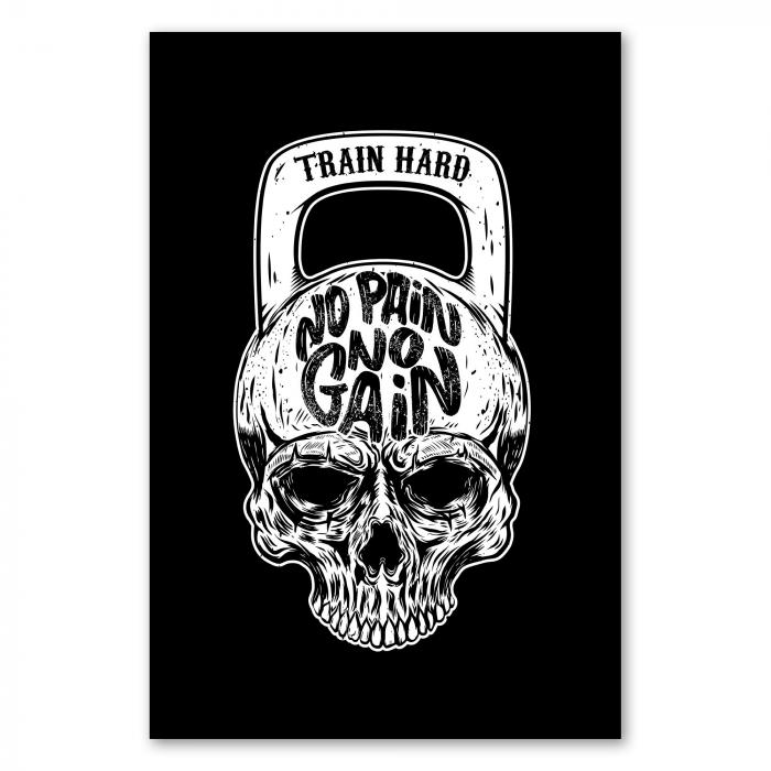 "Train Hard, No Pain No Gain" - Ein Kettlebell mit Totenkopf motiviert zu sportlichen Höchstleistungen.