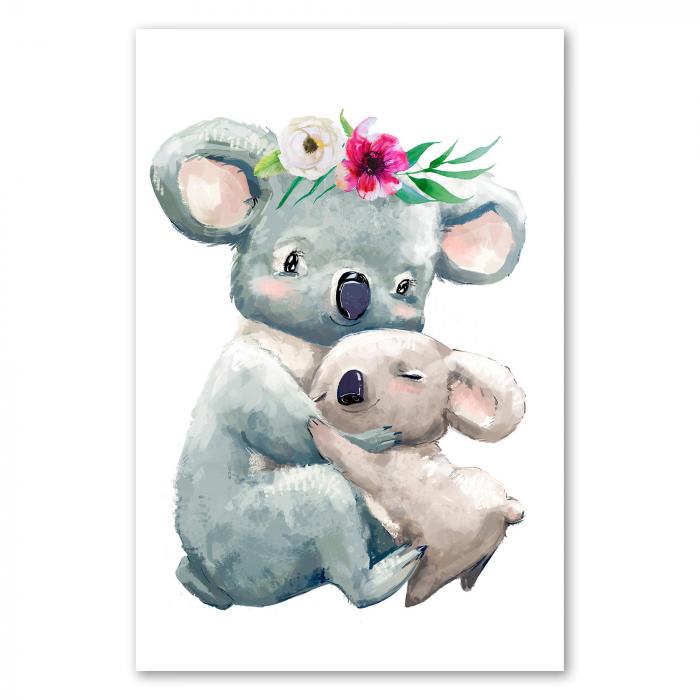 Koala-Mutter, Blumenkranz, hält Junges im Arm, kuscheln, Wärme.