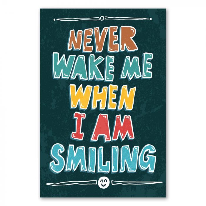 "Never Wake Me When I Am Smiling" – ein farbenfrohes Typografie-Poster für alle, die das Leben mit einem Lächeln genießen.