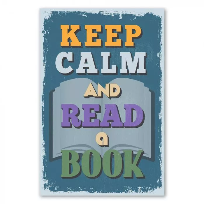 Retro-Poster „Keep Calm and Read a Book“, lädt zum Abschalten und Eintauchen in andere Welten ein.