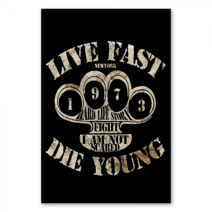 "Live Fast Die Young. Hard Life Story - Fight - I am not scared" - ein Motiv im New York Style mit einer harten Faust.