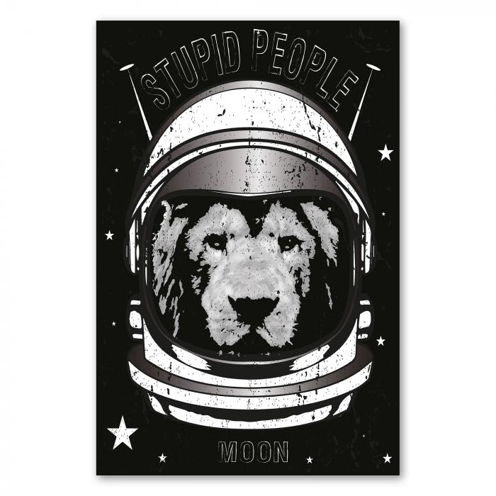 Löwe in Astronautenhelm, Schriftzug "Stupid People Moon" - witziges Design.