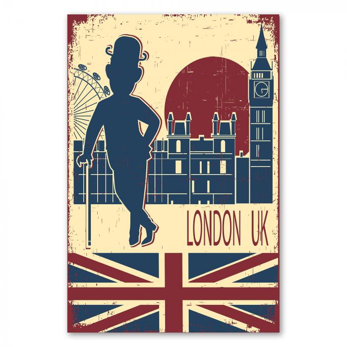 Illustration im Retro-Stil mit Big Ben, London Eye und einem Gentleman mit Melone.