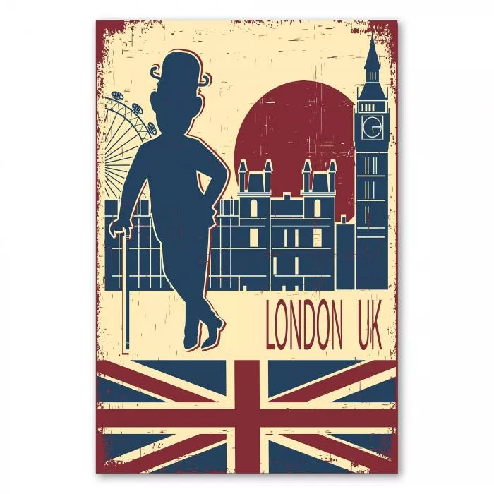 Illustration im Retro-Stil mit Big Ben, London Eye und einem Gentleman mit Melone.