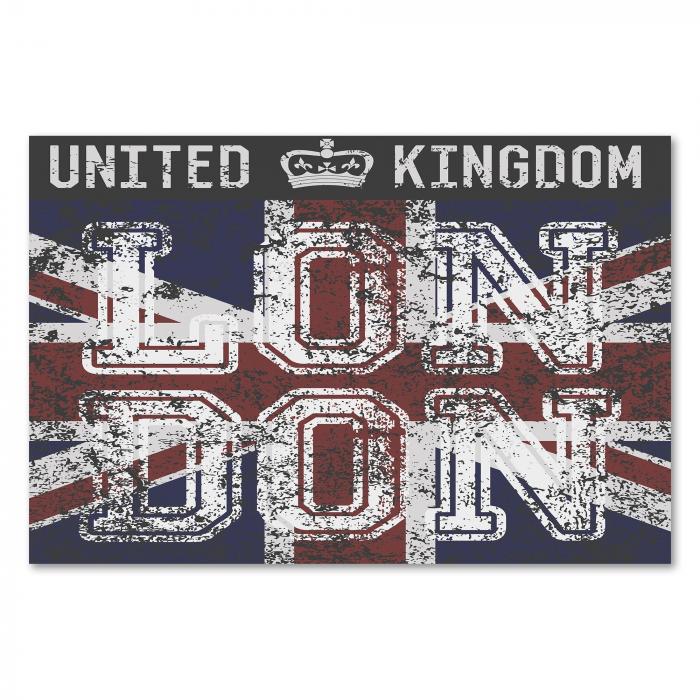 "London" steht in großen Buchstaben vor dem Union Jack auf Vintage-Hintergrund.