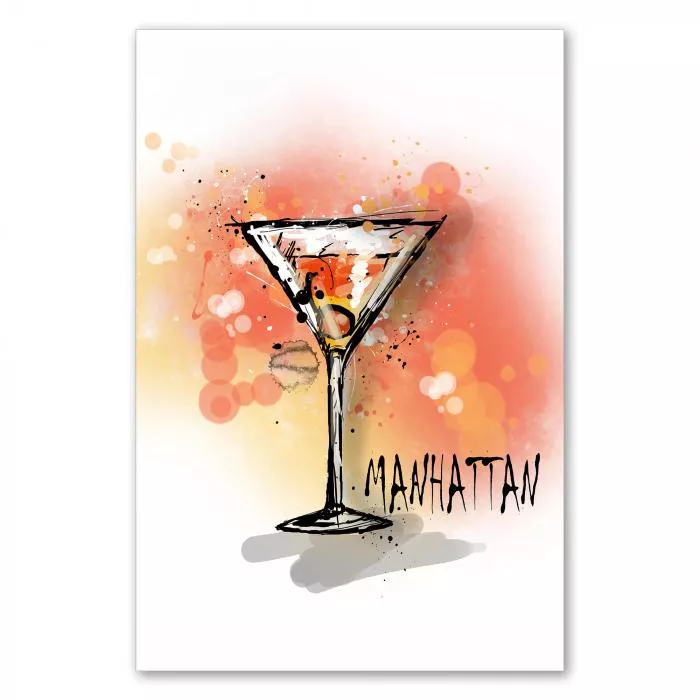 Illustration eines Manhattan Cocktails mit Kirsche vor einem eleganten rot-orangenen Hintergrund.