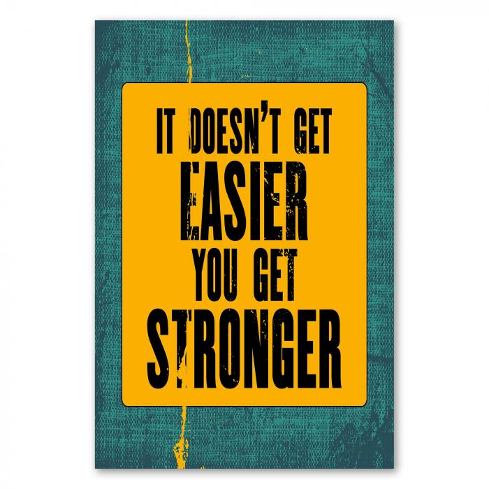 Motivationsspruch auf gelb-grünem Hintergrund: „It doesn't get easier, you get stronger“.