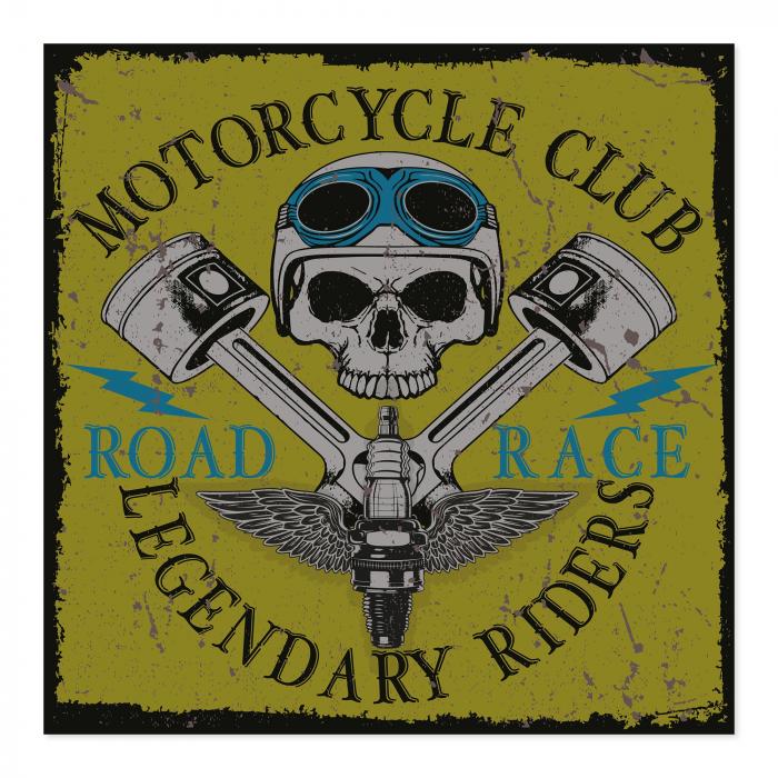 Grunge-Design: Totenkopf, Kolben, Flügel & Spruch "Legendary Riders".