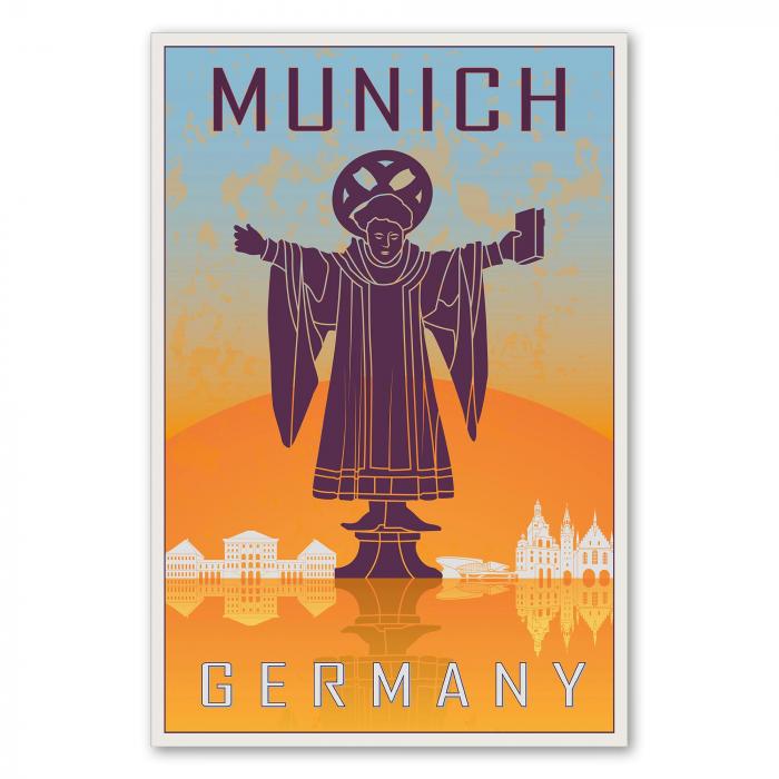 Die Statue des Friedensengels vor einem orangenen Sonnenuntergang – ein Retro-Reiseposter von München.