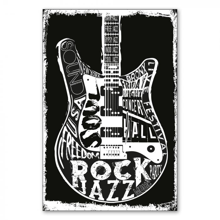 Poster für Rock Jazz Festival: Gitarre mit Schriftzügen im Zentrum, fängt Festival-Atmosphäre ein.