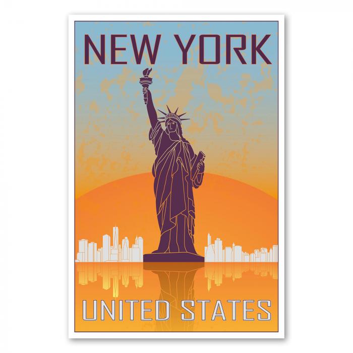 "New York" - ein Retro-Reiseposter mit der Freiheitsstatue und der Skyline der Stadt im Stil der 50er Jahre.