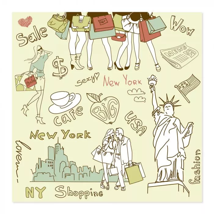 Illustration: Shopping in New York - Freiheitsstatue, Tüten, Schuhe & Schriftzug.