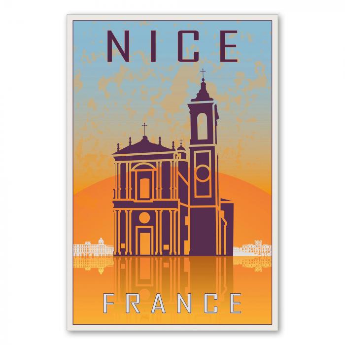 Die Kathedrale Sainte-Réparate vor einem orangenen Sonnenuntergang – ein Retro-Reiseposter von Nizza.